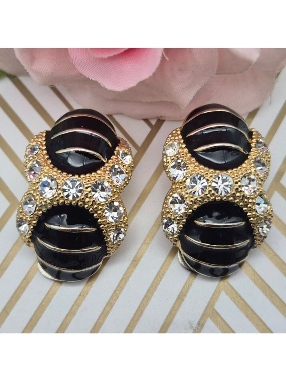 Vintage Clip On Earrings Gold Tone, Crystal & Black Enamel Large Statement Fancy